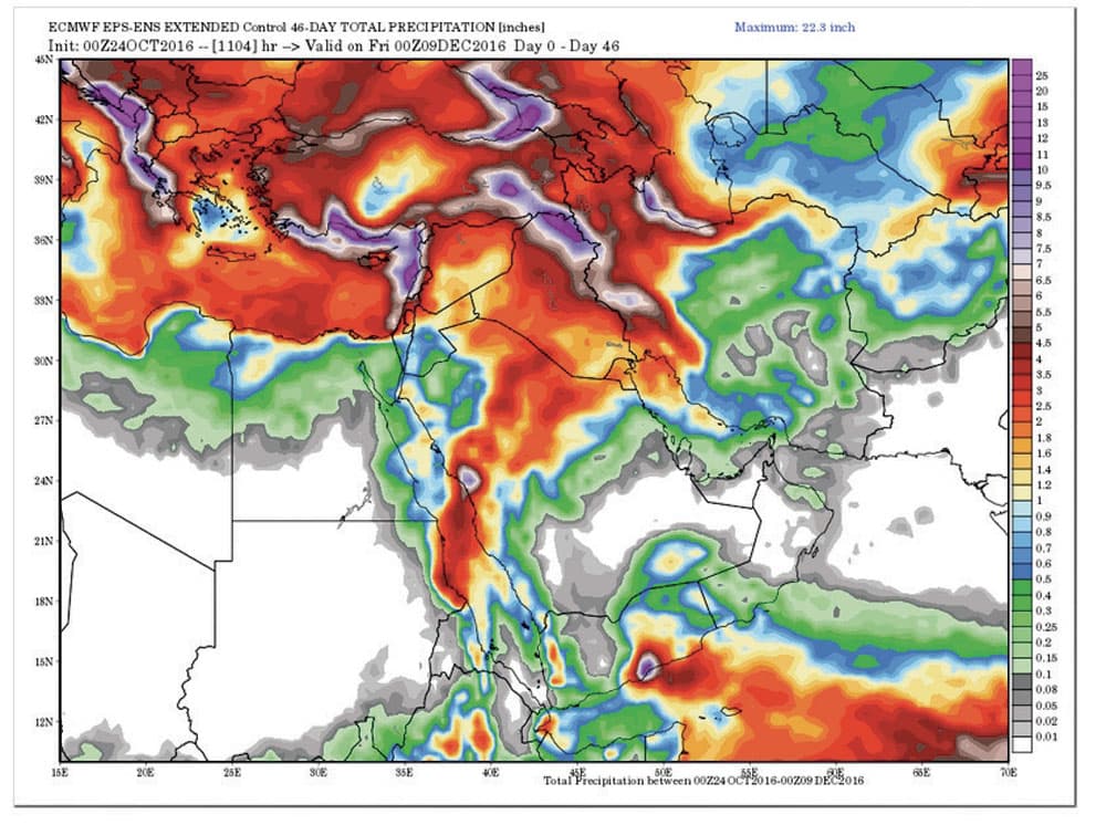 صورة توضح القيم التراكمية للمطر حتى الأسبوع الأول من ديسمبر المقبل في مناطق الشرق الأوسط.