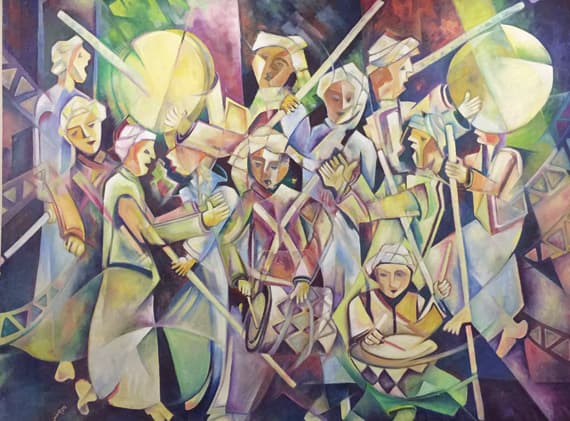 عمل تشكيلي مستوحى من رقصة المزمار للفنان السعودي محمد بوقس.