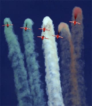 عرض جوي لـ"أشعة الشمس" من القوات الجوية الهندية المشاركة في حفل "Aero India 2009" جنوب مدينة بانجالور.