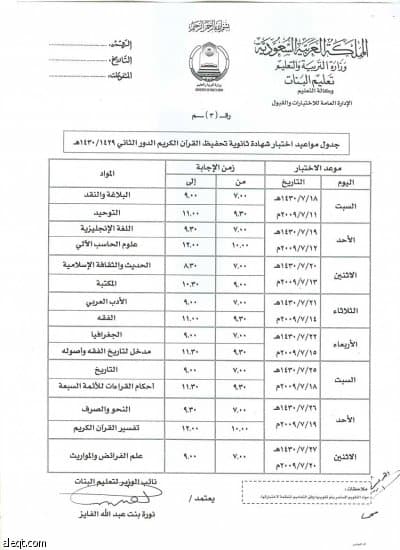 "التربية" تعلن جداول اختبارات الثانوية العامة للبنات