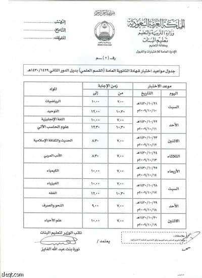 "التربية" تعلن جداول اختبارات الثانوية العامة للبنات
