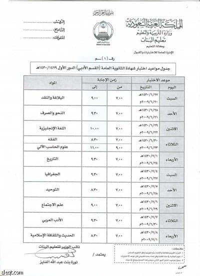 "التربية" تعلن جداول اختبارات الثانوية العامة للبنات
