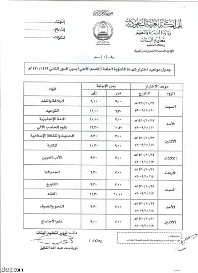 "التربية" تعلن جداول اختبارات الثانوية العامة للبنات