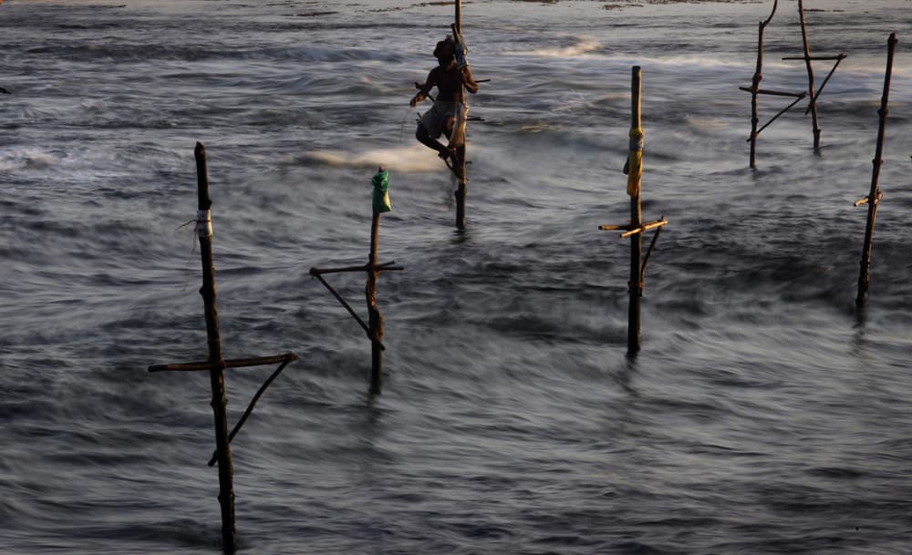 صيادون (STICK FISHER) يصطادون ويجلسون على العصى للصيد في وسط البحر ويعدون أحد المعالم الرئيسة في سيرلانكا.