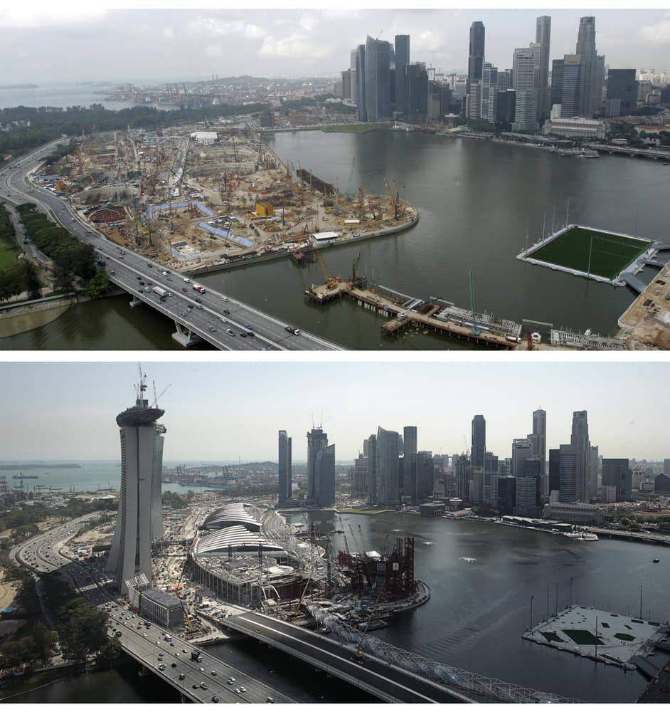 صورة مركبة لما قبل وبعد تشييد مجمعات و فنادق وأبراج في سنغافورة.
