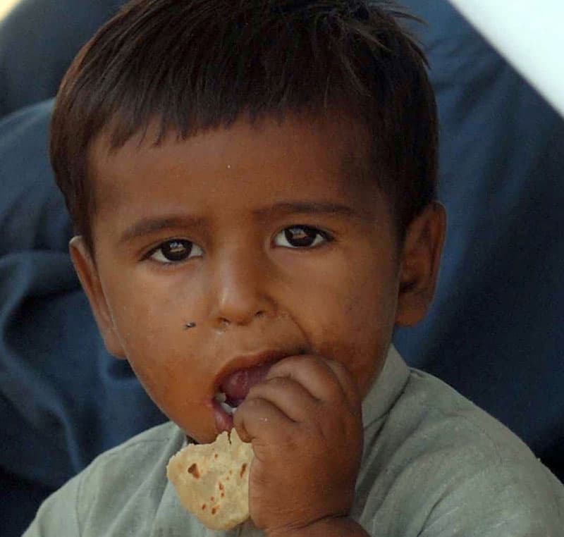 طفل باكستاني نازح بسبب الفيضانات يأكل قطعة من الخبز في إحدى المخيمات التي أقامتها الأمم المتحدة للنازحين