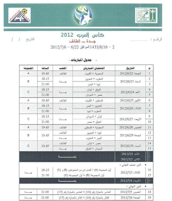 جدول مباريات كأس العرب 2012