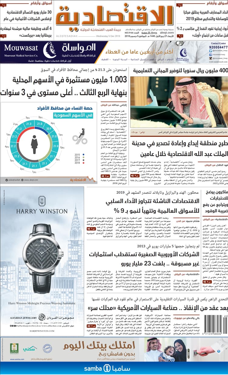الأربعاء 27 ربيع الأول 1440هـ. الموافق 05 ديسمبر 2018 العدد 9186