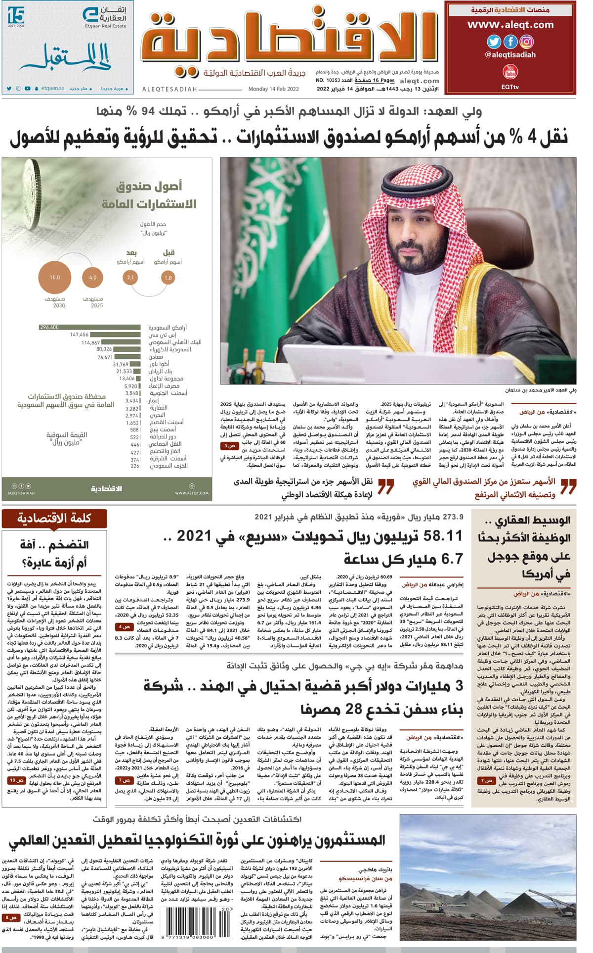 الإثنين 13 رجب 1443هـ الموافق 14 فبراير 2022 العدد 10353