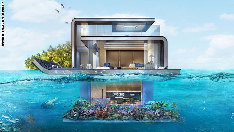 فيلات "فرس البحر" العائمة يعمل مشروع فلل "فرس البحر" العائمة في دبي على إعادة تعريف مفهوم المنازل البحرية. وقد صممت المشروع شركة التطوير العقاري "كليندينست،" لتكون الفلل جزءاً من مشروع "قلب أوروبا،" المكون من ست جزر اصطناعية داخل جزيرة العالم.