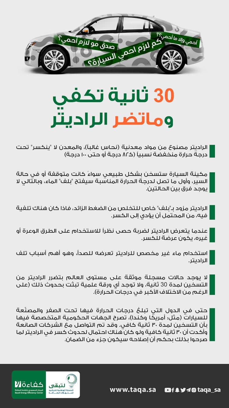 "كفاءة الطاقة" تحمية السيارة لمدة 30 ثانية كافي ولا تضر الراديتر