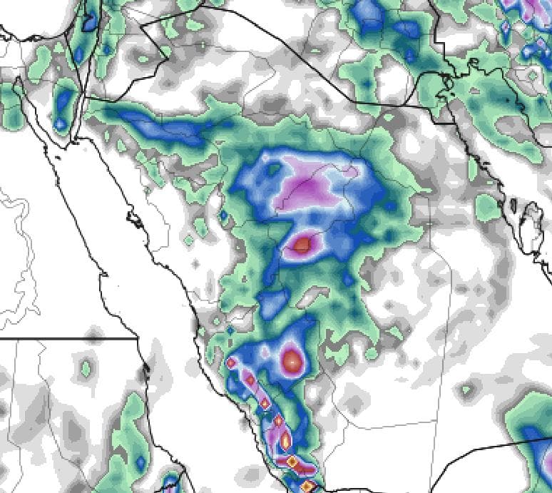 صورة من موقع gfs لتراكم الامطار على السعودية خلال الاسبوعين المقبلين