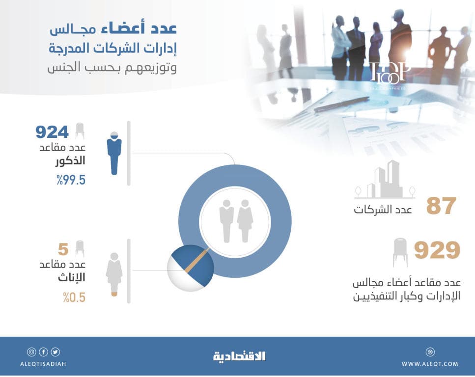 الإناث يشكلن 0.5 % من مقاعد أعضاء مجالس الإدارات وكبار التنفيذيين للشركات المدرجة