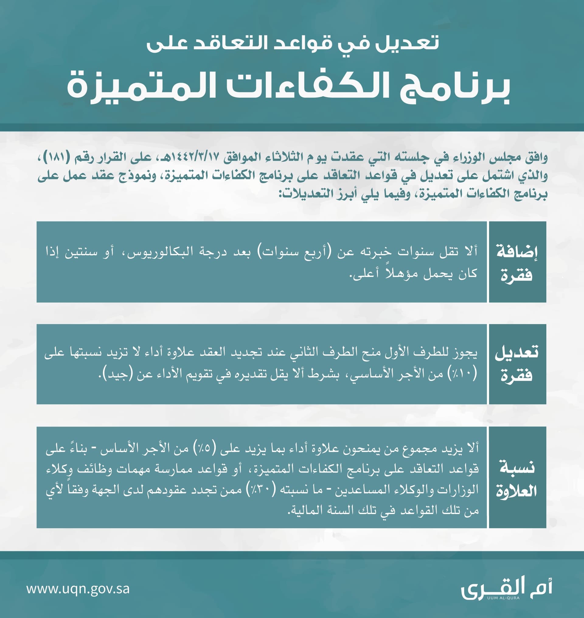 التعديلات التي أقرها مجلس الوزراء في قواعد التعاقد على برنامج الكفاءات المتميزة