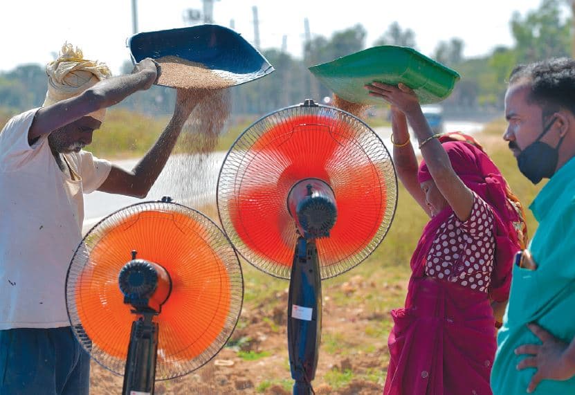 مزارعون يستخدمون مراوح كهربائية منزلية لتصفية محصول الدخن في ضواحي مدينة بنغالور الهندية