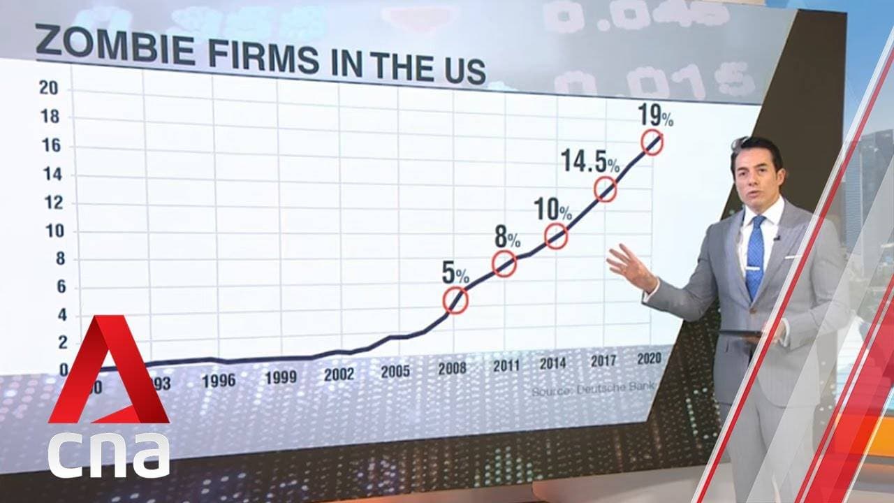 رسم بياني على شاشة قناة "سي إن أيه" يبين تزايد عدد شركات الزومبي في  الولايات المتحدة.