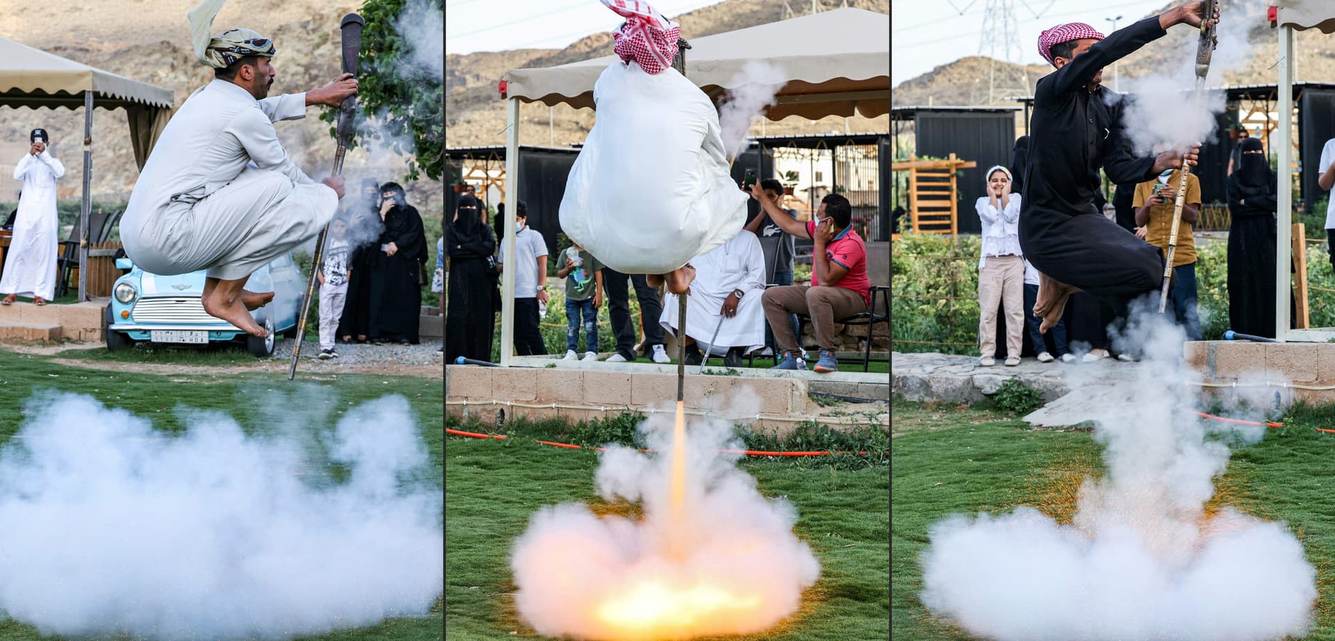  شبان يمارسون رقصة البارود أحد الفلكلورات الشعبية في الطائف أمس .