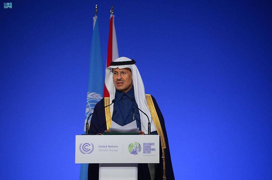 الأمير عبدالعزيز بن سلمان خلال إلقاء كلمة المملكة بمؤتمر COP26 في مدينة جلاسكو، أمس. "واس"