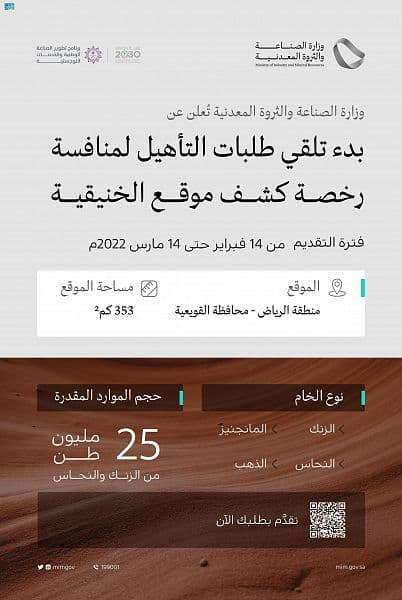 لاستغلال الموارد المعدنية في المملكة.. بدء تلقي طلبات التأهيل لمنافسة رخصة تنقيب في الخنيقية