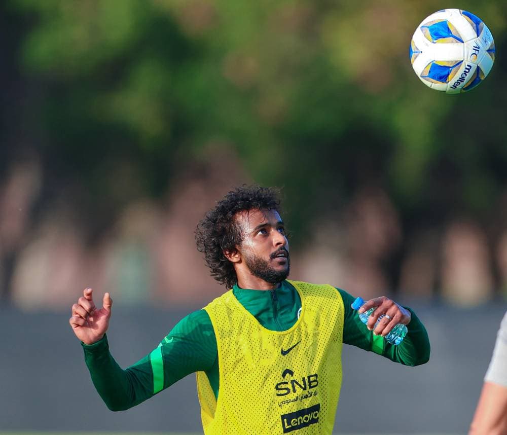 الشهراني خلال تدريب الأخضر أمس.