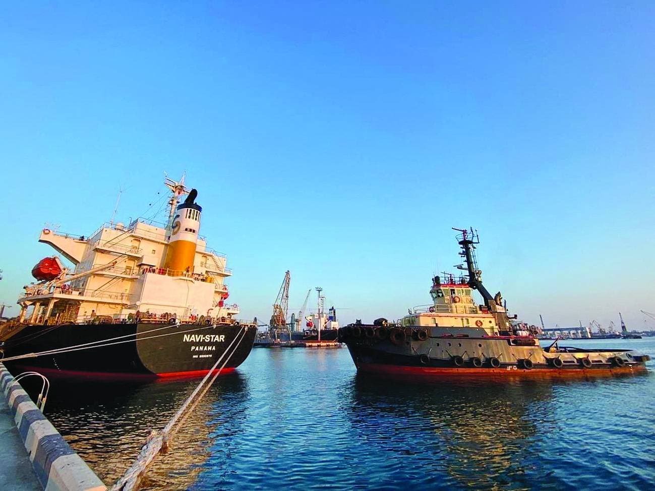 السفينة "نافيستار" التي ترفع علم بنما محملة بالحبوب أمس في ميناء أوديسا. "رويترز"