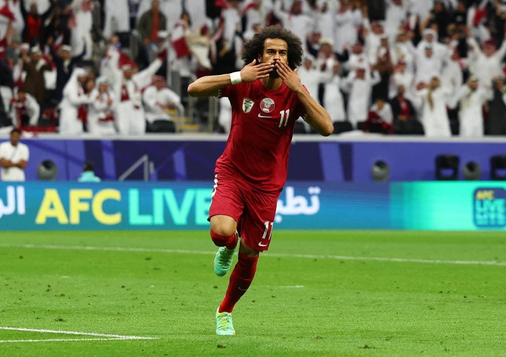 عفيف محتفلا بهدف قطر الوحيد. "رويترز"