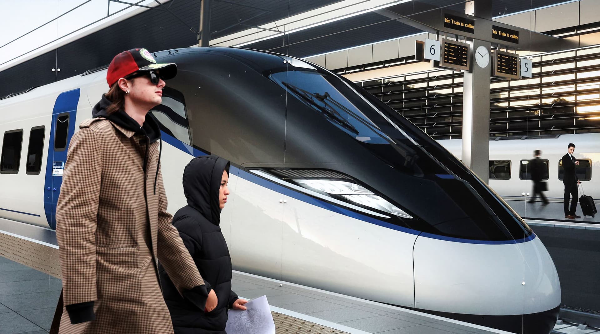 مشاة يمرون أمام لوحة إعلانية لقطار عالي السرعة في محطة يوستون في لندن. المصدر: "إ ب أ"