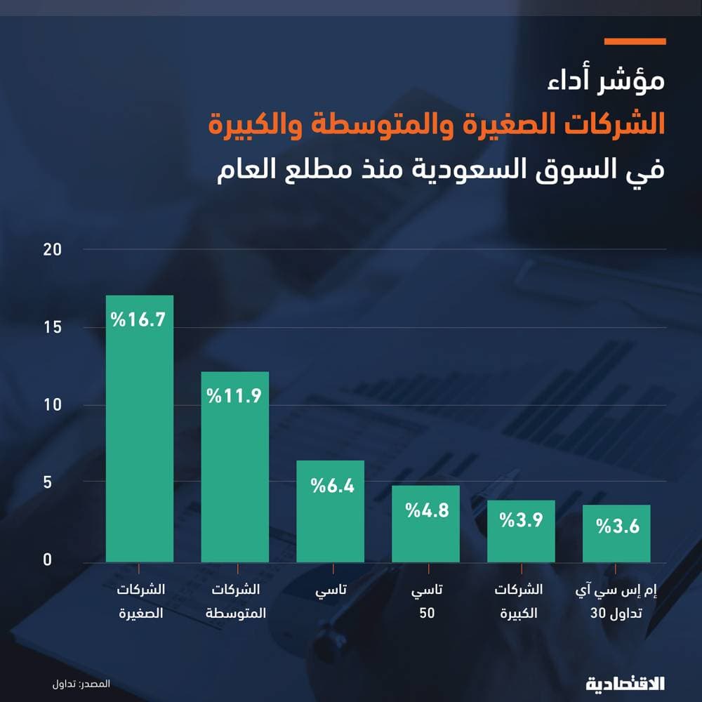 أداء الشركات الصغيرة والمتوسطة في «تاسي» يتفوق على مؤشر الشركات الكبيرة بـ 3 أضعاف منذ مطلع 2023