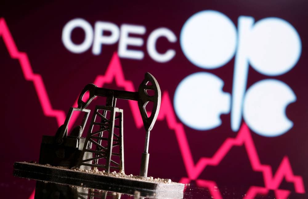 FILE PHOTO: A 3D printed oil pump jack is seen in front of displayed stock graph and Opec logo in this illustration picture, April 14, 2020. REUTERS/Dado Ruvic/Illustration