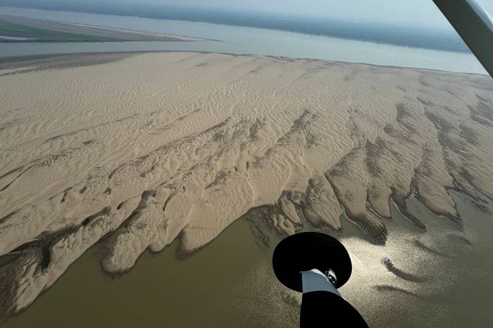 Sandbanks are seen at the Solimoes River, one of the largest tributaries of the Amazon River, during a Greenpeace flyover to inspect the most intense and widespread drought Brazil has experienced since records began in 1950, near Coari, Amazonas state, Brazil September 19, 2024. REUTERS/Jorge Silva