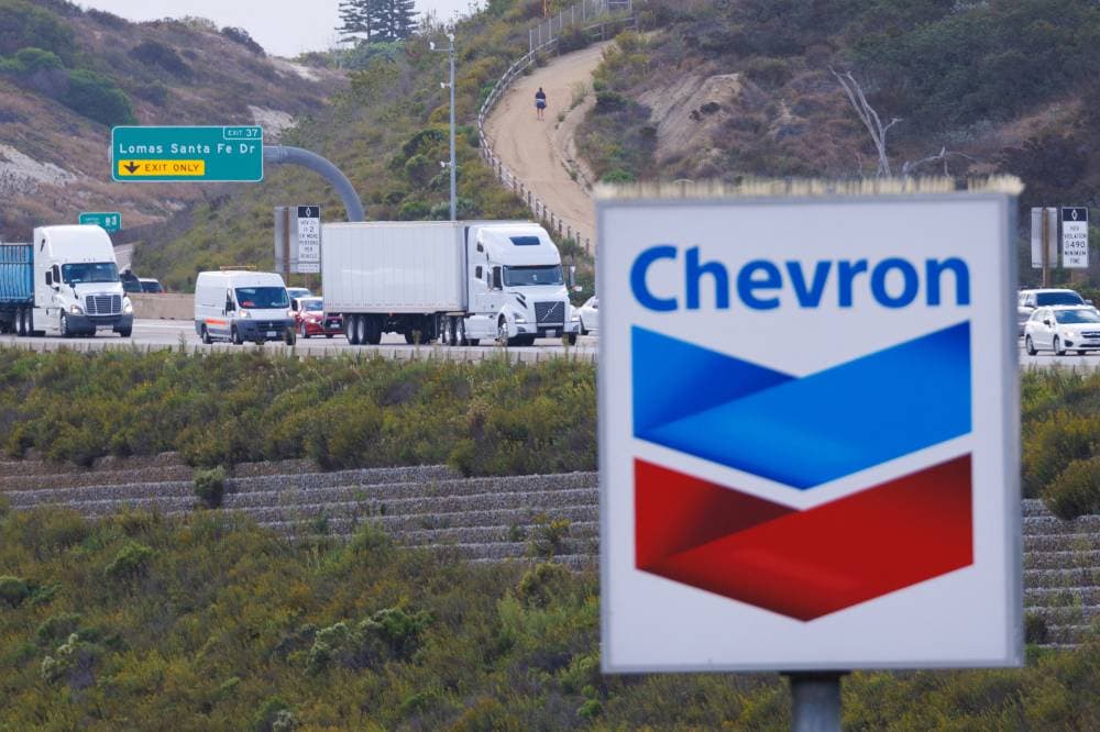 FILE PHOTO: A Chevron gas station sign is shown after Chevron Corp said it would buy Hess Corp in a $53 billion all-stock deal, in Encinitas, California, U.S., October 23, 2023. REUTERS/Mike Blake/File Photo