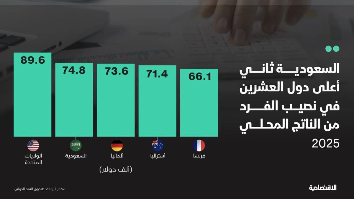 السعودية ثاني أعلى دول العشرين في نصيب الفرد من الناتج المحلي