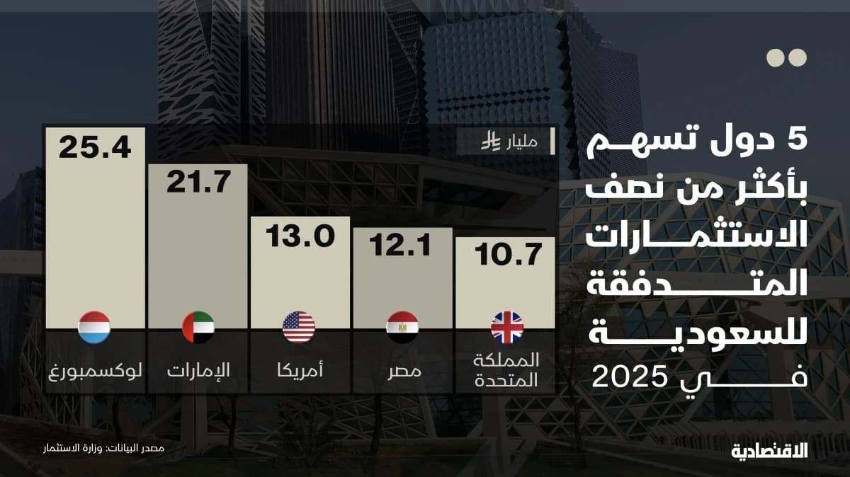 5 دول تسهم بأكثر من نصف الاستثمارات المتدفقة للسعودية