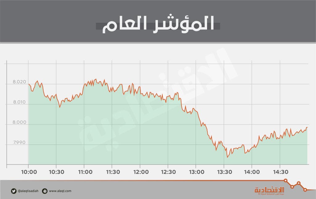 الأسهم السعودية تفقد مستوى 8000 نقطة وسط ضعف السيولة وغياب المحفزات