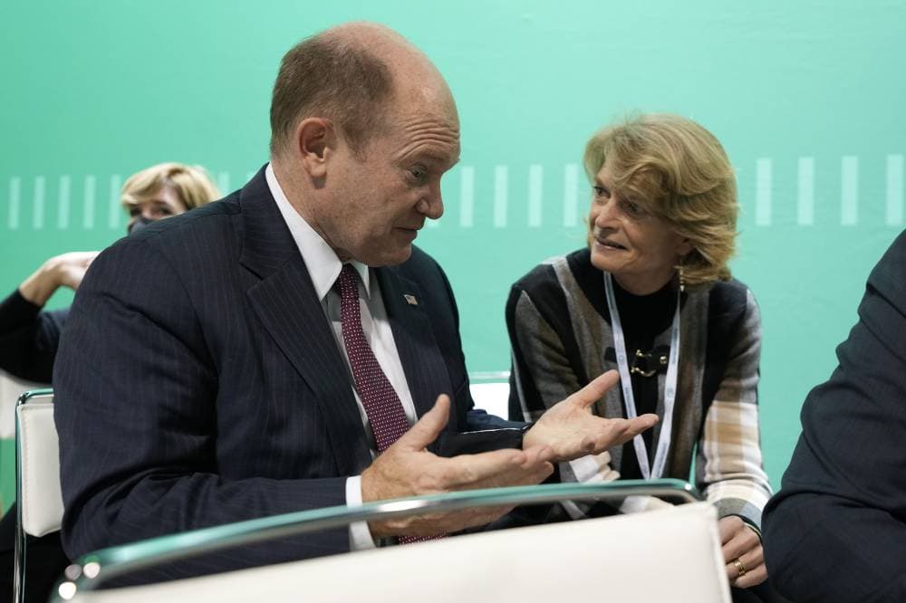 كريس كونز، السناتور الديمقراطي من ولاية ديلاوير يتحدث إلى ليزا موركوفسكي، السناتور الجمهوري عن ولاية ألاسكا في قمة المناخ."أ ب"