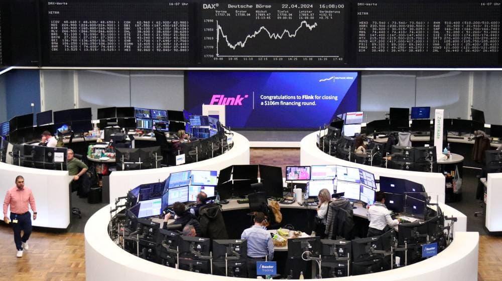 The German share price index DAX graph is pictured at the stock exchange in Frankfurt, Germany, April 22, 2024. REUTERS/Staff