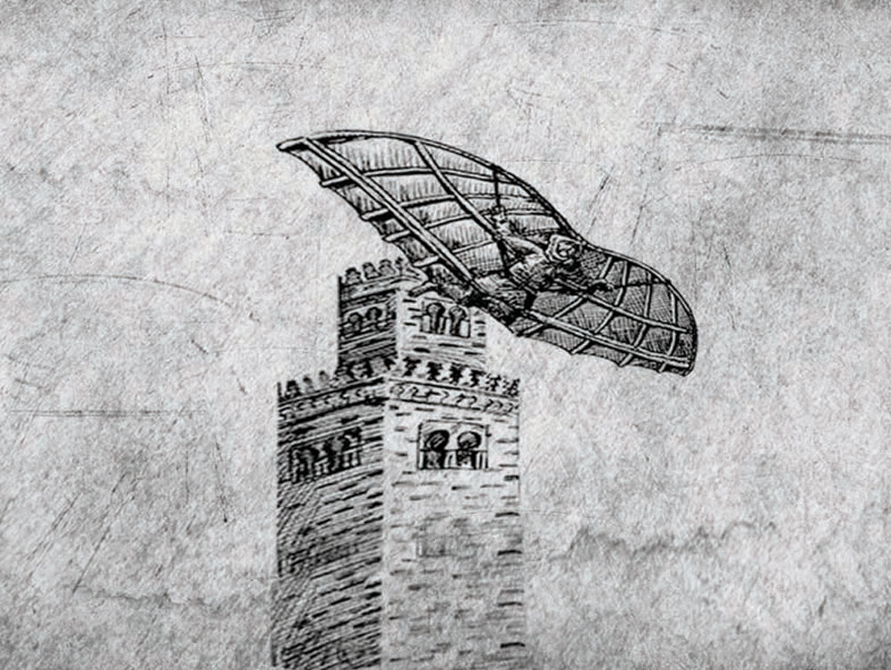 رسمة تخيلية لمحاولة عباس بن فرناس.