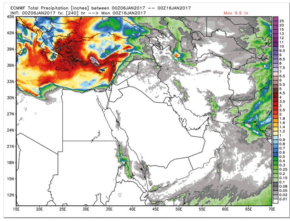 صورة توضح المعدل التراكمي المطري حتى 16 يناير."الاقتصادية"