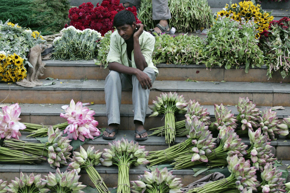 بائع هندي يقوم بتقطيع أوراق الزهور لبيعها في سوق الجملة في نيودلهي والذي يعتبر أكبر سوق في العالم لبيع الزهور
