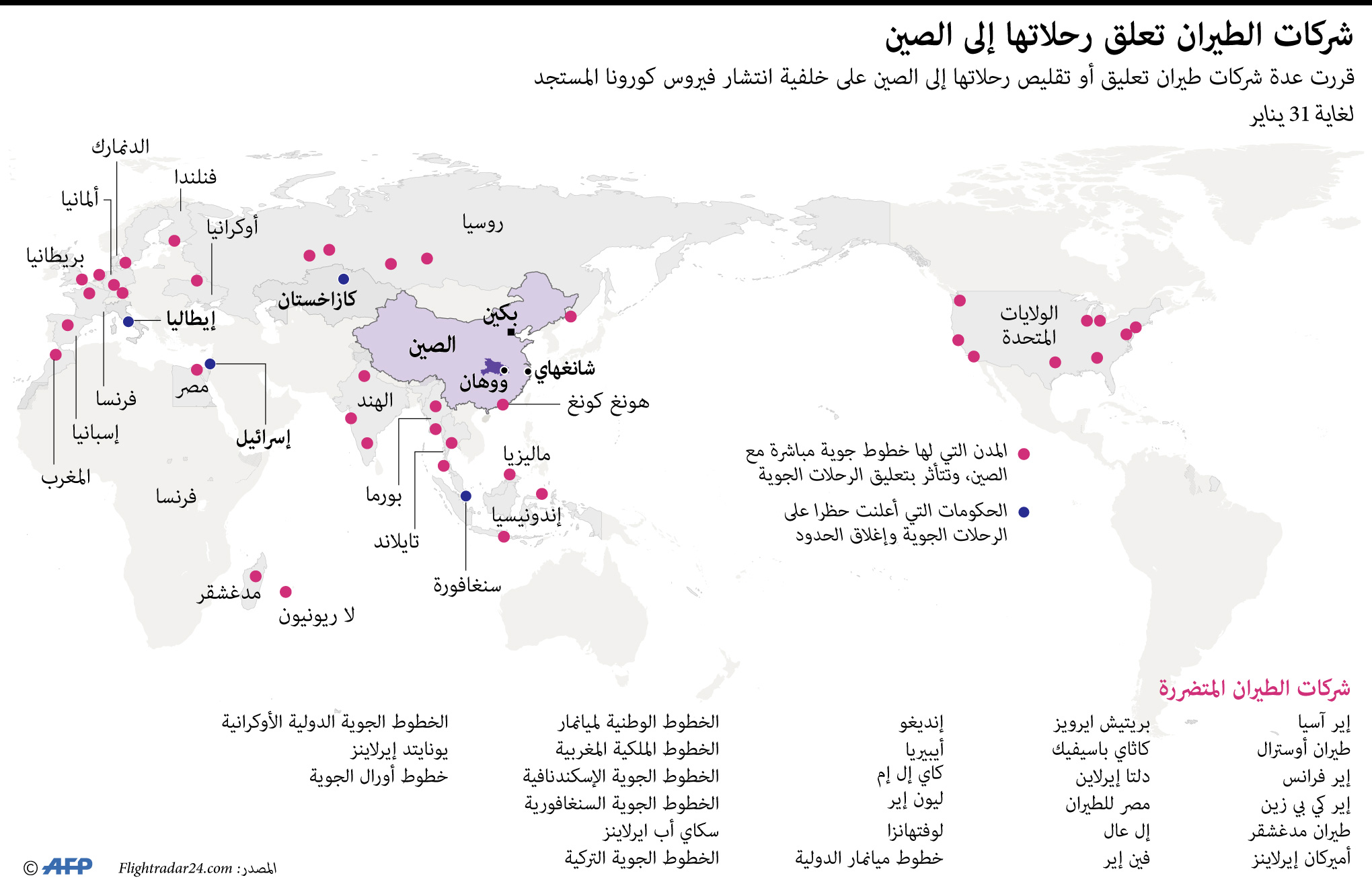 شركات طيران كبرى تعلق رحلاتها إلى الصين على خلفية كورونا