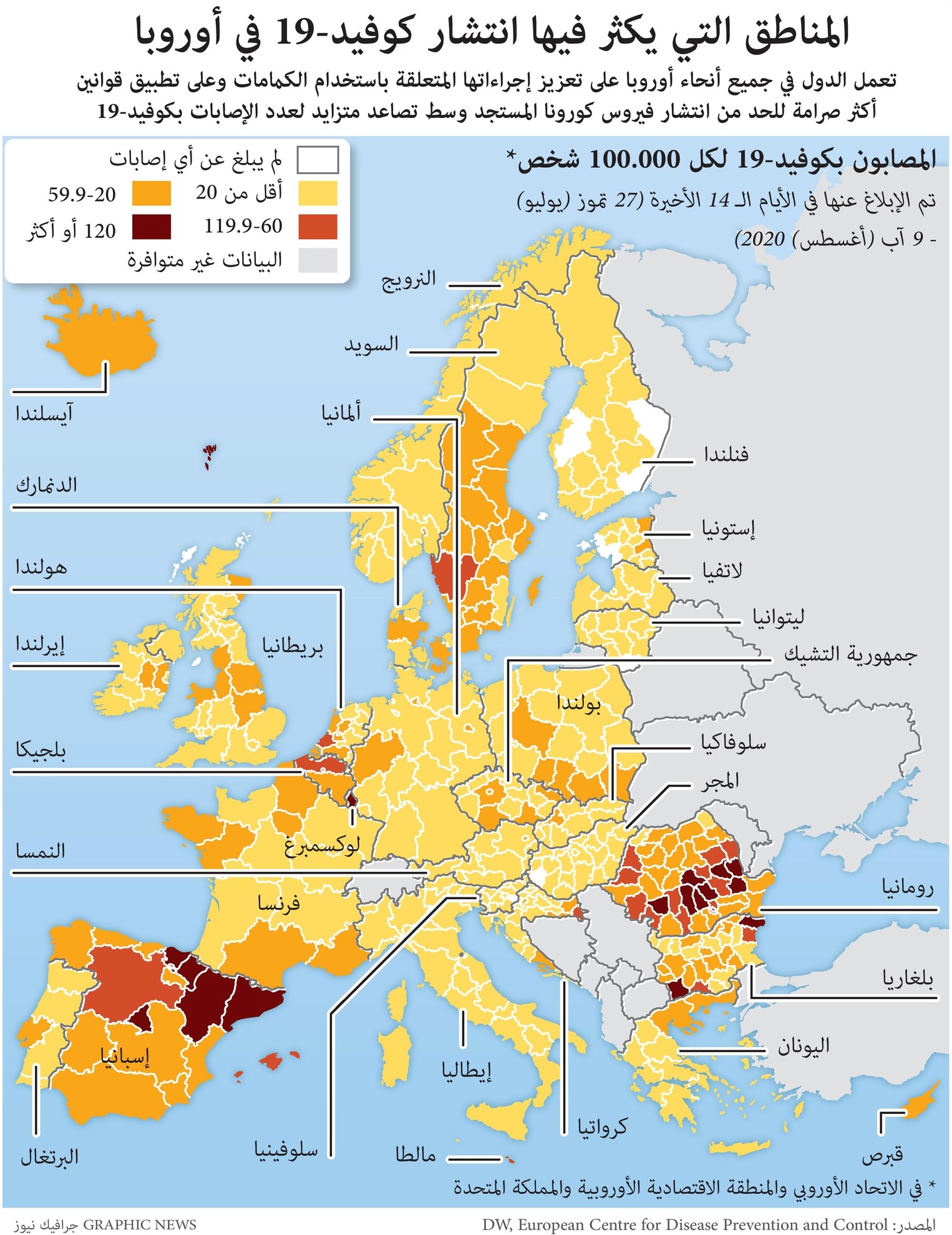 المناطق التي يكثر فيها انتشار فيروس كورونا في أوروبا
