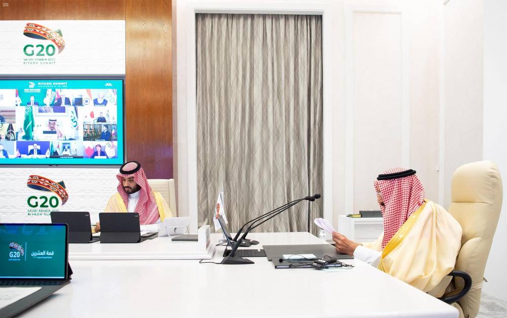 خادم الحرمين وولي العهد خلال ختام أعمال الدورة الـ 15 لاجتماعات قمة العشرين. "واس"