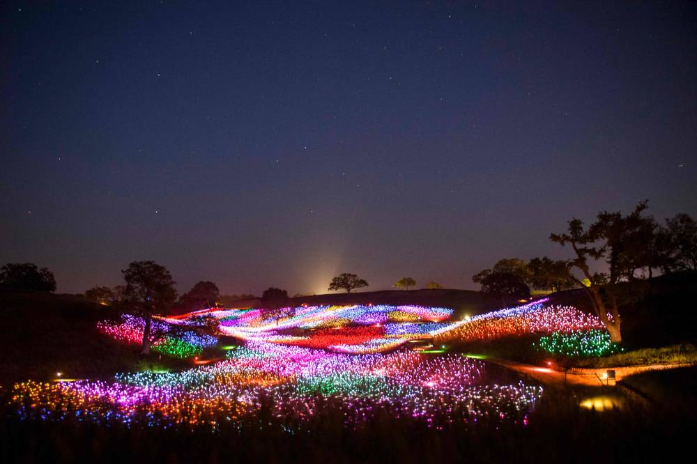 عمل فني لزجاجات مضيئة بوساطة ألياف ضوئية وتعمل بالطاقة الشمسية نصبت في بلدة باسو روبلز في كاليفورلانيا الأمريكية. "الفرنسية"