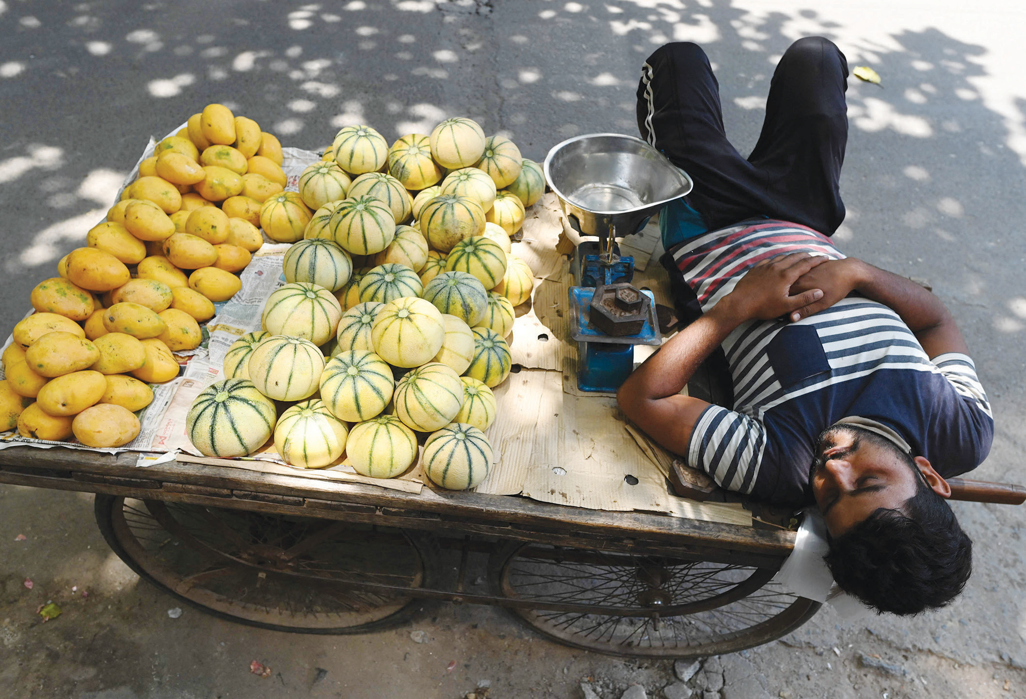بائع فواكه ينام فوق عربته بجانب طريق في مدينة نيودلهي الهندية