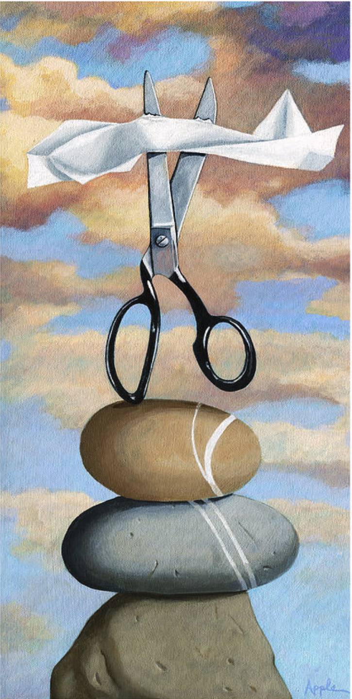 يعرض الكتاب قصة تفوق الحجر على المقص، والورق على الحجر، والمقص على الورق.