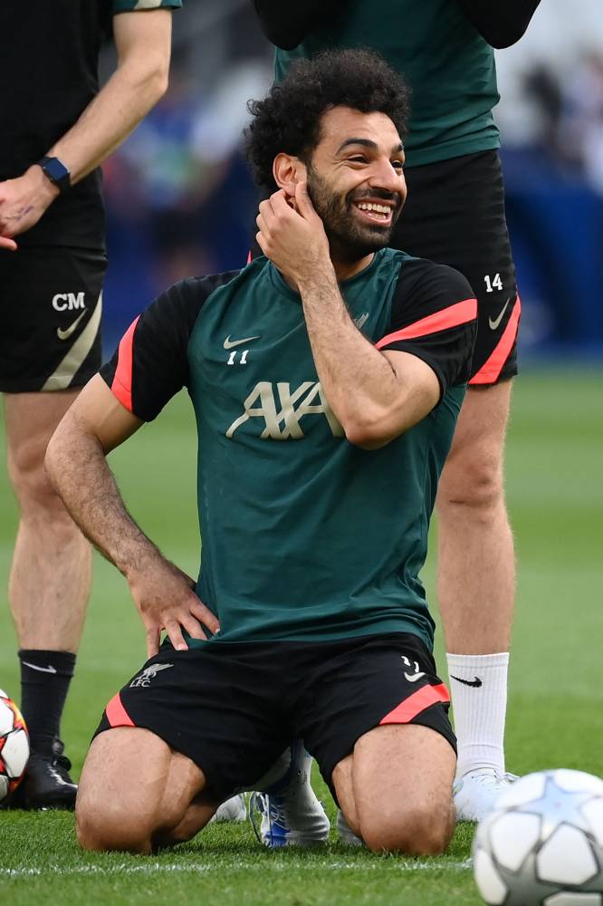 صلاح خلال  تدريب ليفربول أمس. «الفرنسية»