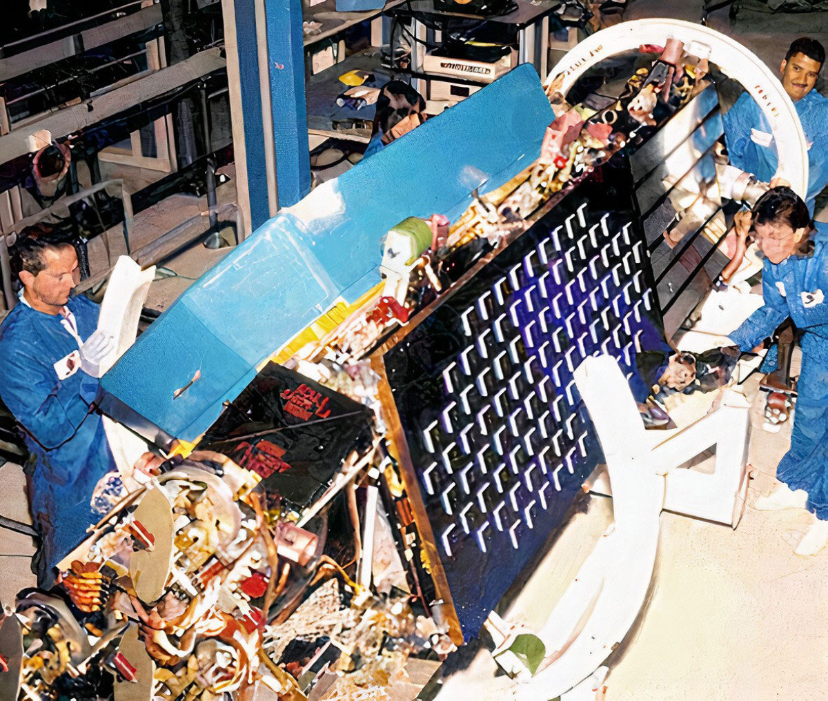 مهندسون يعملون على شبكة "إيريديوم" الصناعية المكونة من 66 قمراً اصطناعيا. "إيريديوم"