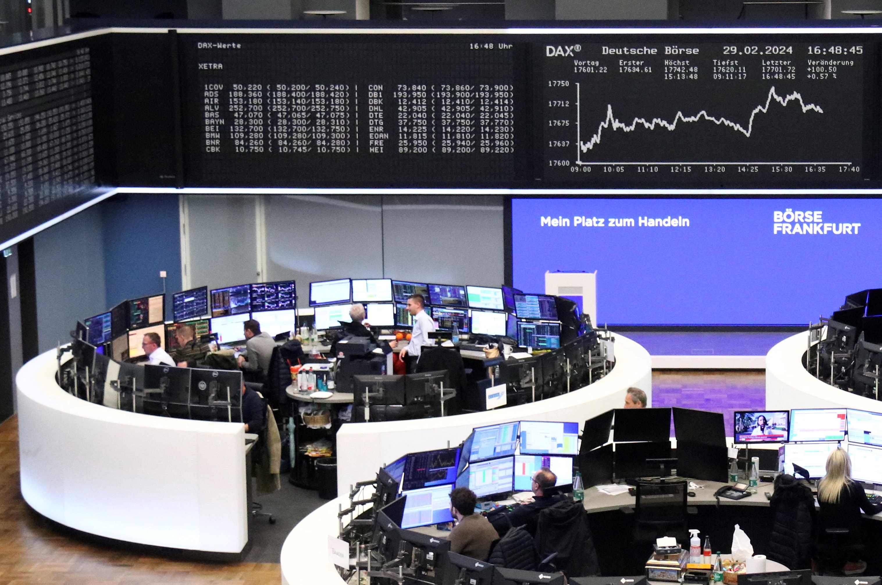 الرسم البياني لمؤشر أسعار الأسهم الألماني DAX في بورصة فرانكفورت، ألمانيا. "رويترز"
