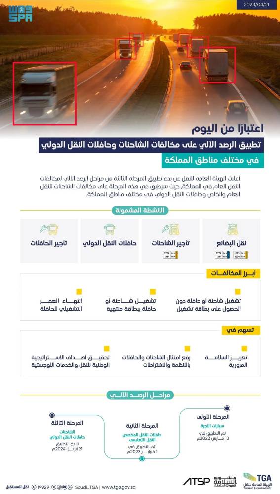 "هيئة النقل": بدء تطبيق الرصد الآلي لمخالفات الشاحنات والحافلات في مختلف المناطق