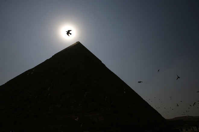 طيور تحلق فوق أهرامات الجيزة العظيمة في ضواحي القاهرة.